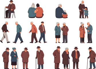 Collection of diverse elderly people in various poses and interactions representing different aspects of senior life and aging with dignity