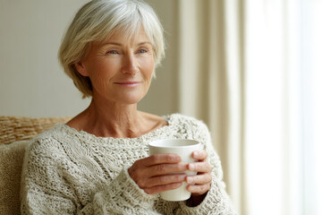 elderly woman sitting comfortably in cozy armchair radiating gratitude and joy