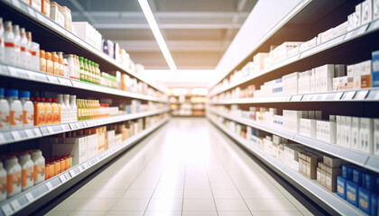 Symmetrical supermarket aisle and shelves with products.  Generated Image