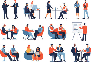 Diverse group of professionals collaborating and meeting in various office and casual settings for business discussions