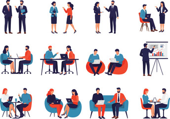 Diverse group of professionals in various business meeting and collaboration scenarios illustrating teamwork and communication