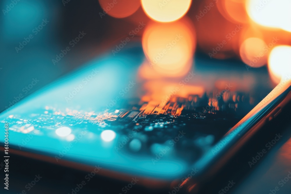 Poster close-up of a smartphone circuit board illuminated by colorful light.