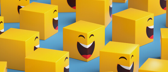 3D smile emoji cubes in playful and colorful abstract composition