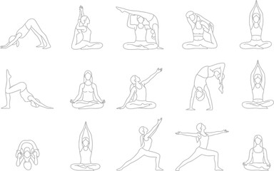 Obraz premium Collection of hand drawn line art illustrations depicting various yoga poses and meditation postures for wellness and mindfulness