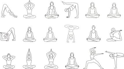 Collection of diverse yoga poses and meditation postures drawn in a simple elegant line art style on a white background