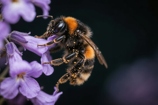 Busy Bumblebee Covered in Pollen on Vibrant Purple Flower Macro Insect