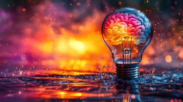 Light bulb containing a colorful brain sits on water
