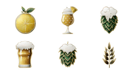 Monoline set of 6 beer icons with garnish symbols (lemon, hops, barley)