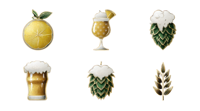 Monoline set of 6 beer icons with garnish symbols (lemon, hops, barley)