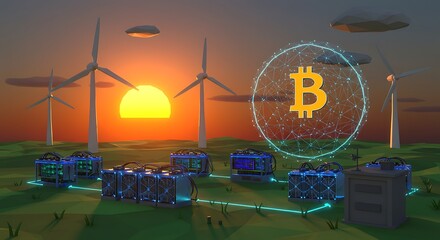 Green Energy Powering the Future of Digital Finance Conceptual Visualization of Sustainable Cryptocurrency Mining Operations with Renewable Wind Power Technology.