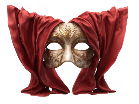 Ornate Venetian Mask Red Drape isolated on a transparent background theatre drama