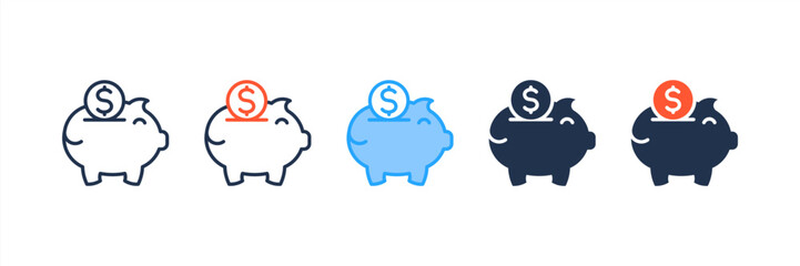 Piggy Bank icon set multiple style collection