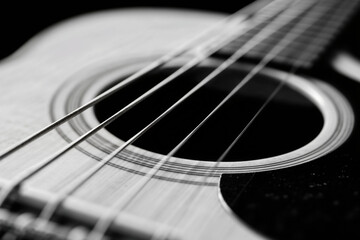 Obraz premium Close-up Black and White Acoustic Guitar Strings and Sound Hole Detail