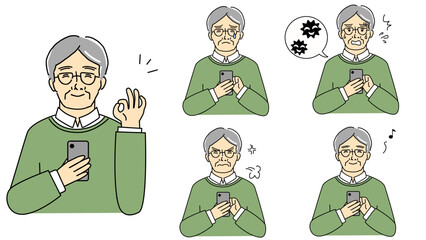 Illustration set of elderly men using smartphones