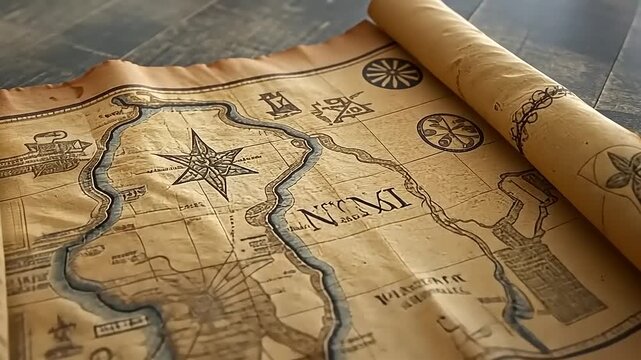 Antique Map Scroll: Journey to Unknown Lands with Vintage Navigation Chart