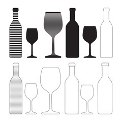 Minimalist Wine Bottles and Glassware Vector Outline Illustration
