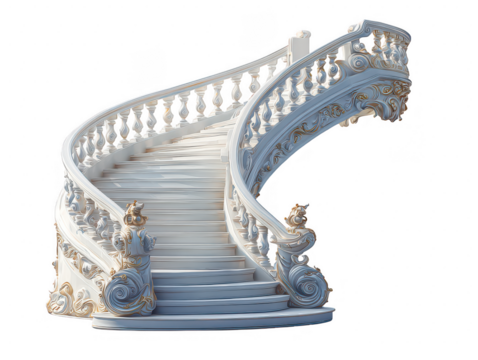 Ornate white spiral staircase with gold accents isolated on a transparent background - Powered by Adobe