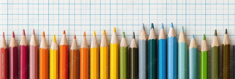 Poster clean lined notes on graph paper with neatly arranged colored pencils in preparation for artwork and