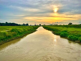 sunset over the waterway river canal in between rice field countryside of Malaysia