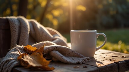 A cozy outdoor scene with a white mug of hot coffee placed on a wooden bench, surrounded by fallen leaves and a soft scarf, with golden sunlight streaming through trees in the background.