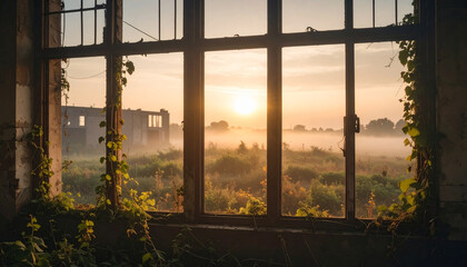 Fototapeta premium Old abandoned factory overgrown by vines, . Generated Image