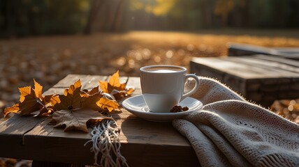 A cozy outdoor scene with a white mug of hot coffee placed on a wooden bench, surrounded by fallen leaves and a soft scarf, with golden sunlight streaming through trees in the background.