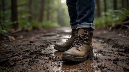 A close-up view of hiking boots mid-step on a muddy trail, with splashes of dirt on the sides, framed by the texture of rough terrain and shadows of surrounding trees.