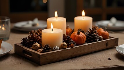A cozy autumn table centerpiece featuring a wooden tray filled with small pumpkins, pinecones, golden leaves, and flickering candles in glass jars, creating a warm and inviting atmosphere