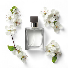 Elegant perfume bottle surrounded by white blossoms on a Transparent Background