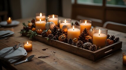 A cozy autumn table centerpiece featuring a wooden tray filled with small pumpkins, pinecones, golden leaves, and flickering candles in glass jars, creating a warm and inviting atmosphere