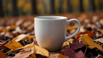 A close-up of a mug of coffee or cider resting on a pile of crisp fall leaves in vibrant hues of orange, yellow, and red, with blurred forest background suggesting a peaceful autumn walk.