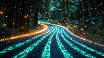Mystical forest road glowing with code