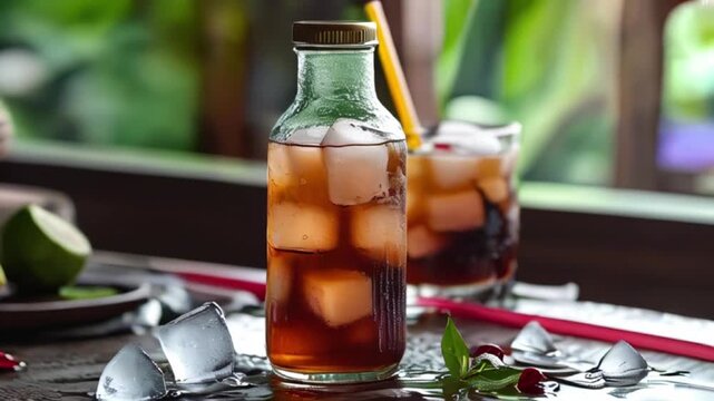 Indonesian Teh Botol in Glass Bottle with Ice and Straw 
 created with generative ai