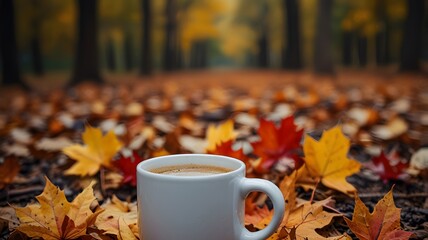 A close-up of a mug of coffee or cider resting on a pile of crisp fall leaves in vibrant hues of orange, yellow, and red, with blurred forest background suggesting a peaceful autumn walk.