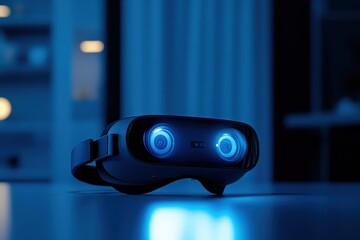 Virtual reality headset illuminated in a dimly lit room.