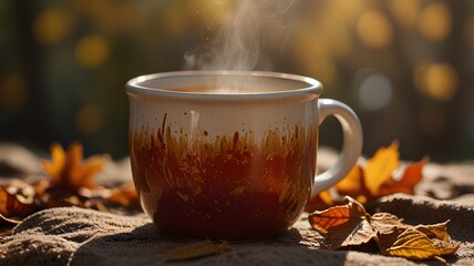 A cozy ceramic mug filled with hot tea nestled among a bed of golden and red autumn leaves, with soft natural sunlight highlighting the textures of the foliage and steam rising gently from the drink.