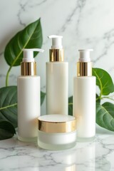 A product showcase of luxury skincare bottles arranged with fresh leaves on marble background, soft lighting