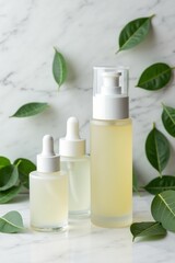 A product showcase of luxury skincare bottles arranged with fresh leaves on marble background, soft lighting