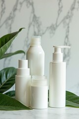 A product showcase of luxury skincare bottles arranged with fresh leaves on marble background, soft lighting