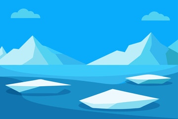 Flat design arctic landscape with icebergs and mountains under a blue sky