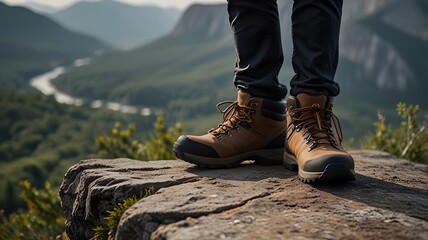 A dramatic close-up of hiking boots standing on the edge of a cliff, laces tightly tied, with a blurred mountain range in the background and the boots sharply in focus