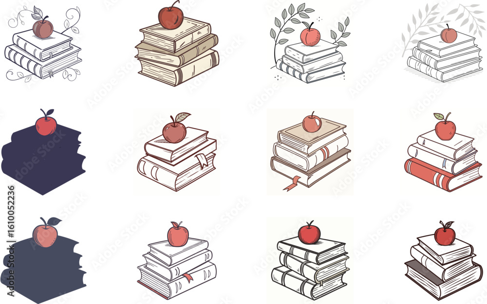 Poster stack of books with apple on top in various artistic styles illustrations