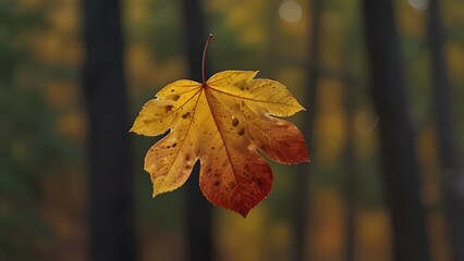 A close-up of a single autumn leaf mid-air as it gently falls, its edges curled and colors transitioning from deep red to golden yellow, with a softly blurred forest background capturing the motion an