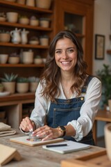 A smiling small business owner arranging handmade products on wooden shelf in boutique shop, warm colors