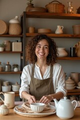 A smiling small business owner arranging handmade products on wooden shelf in boutique shop, warm colors