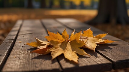 A close-up of golden maple leaves resting on a wooden bench in a quiet park, their rich amber tones highlighted by warm fall sunlight, with blurred orange and red foliage in the background.
