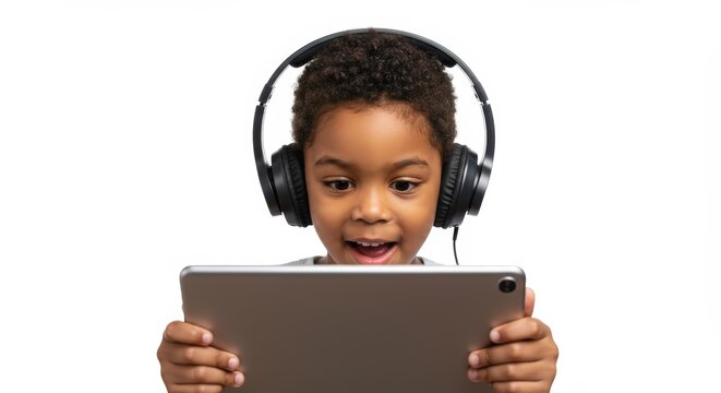 Boy Using Tablet with Headphones - Powered by Adobe