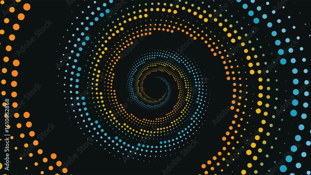 Poster colorful spiral dotted background with dynamic circular motion on dark backdrop, perfect for abstrac