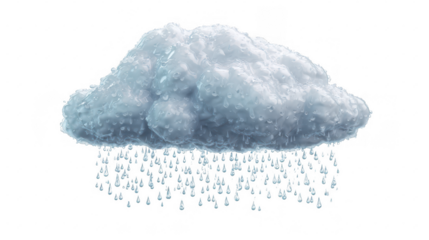 Wet fluffy cloud raining water drops isolated on a transparent background weather