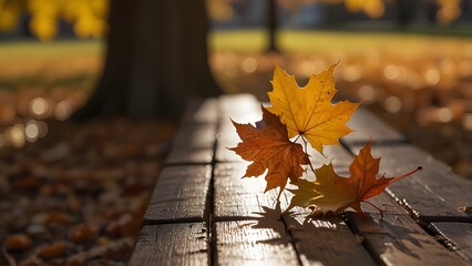 A close-up of golden maple leaves resting on a wooden bench in a quiet park, their rich amber tones highlighted by warm fall sunlight, with blurred orange and red foliage in the background.